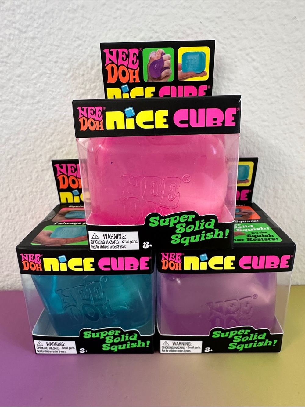 3 NeeDoh NICE CUBE - Super Solid Squish - Pink, Blue, Purple AUTHENTIC, Sensory